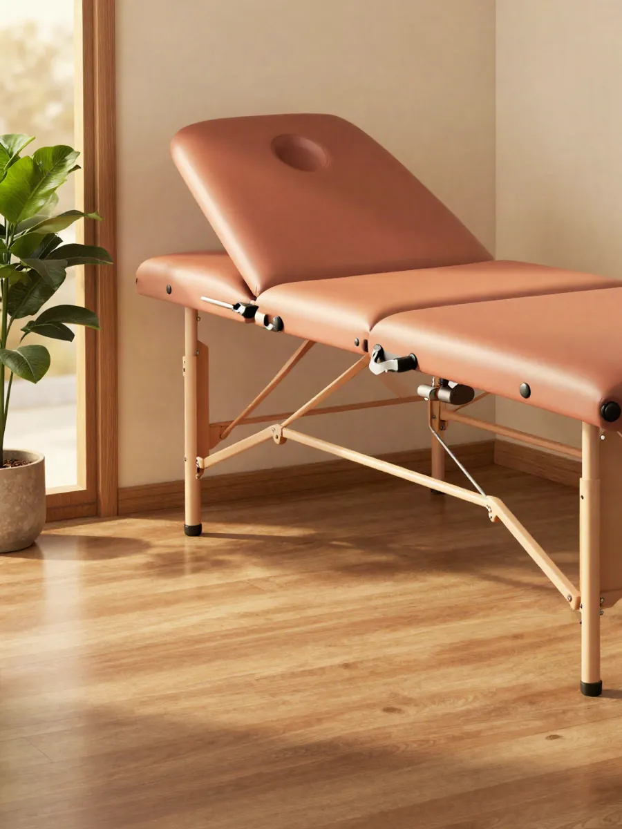 Une table de massage montée près d'une fenêtre, au soleil du soir.